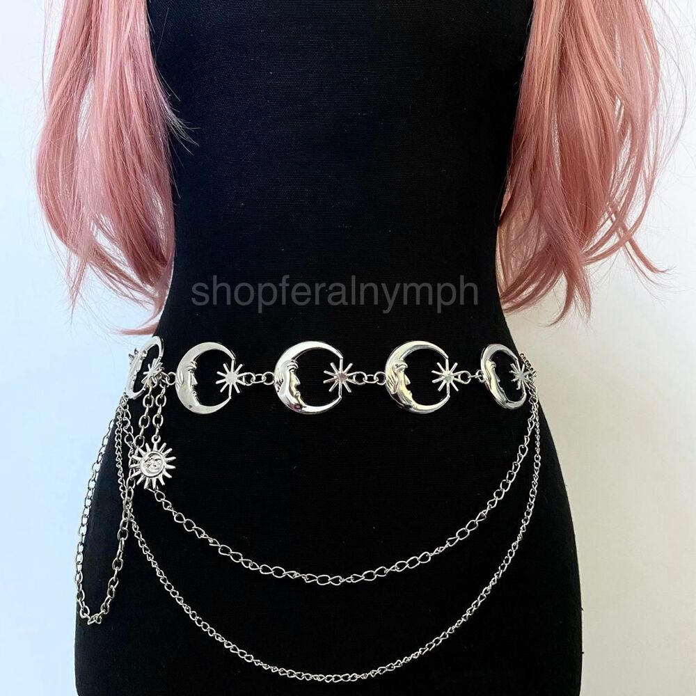 Silver Y2K Celestial Moon Sun Layered Chain Belt, Fits 14-41 Inches, X7GA1389